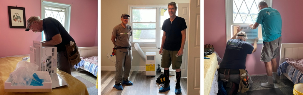 Collage of three photos of volunteers installing air conditioners.